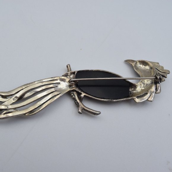 Vintage Sterling Silver, Onyx, Marcasite, & Garnet Crested Long Tail Bird Brooch - Picture 11 of 13